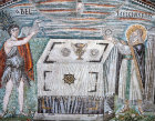Italy, Ravenna sacrifices of Abel and of Melchizedek, 6th century Byzantine mosaic in the lunette of the Basilica of San Vitale