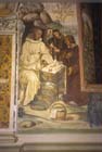 St Benedict given food by nobleman, 16th century wall painting by Sodoma, cloisters of Convent of Monte Oliveto Maggiore, Italy 