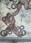 Hercules battling against giants with snake-like limbs, detail, fourth century Roman Villa del Casale, near Piazza Armerina, Sicily, Italy