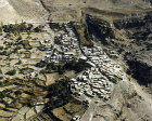 Flat-roofed mountain-top village above Wadi Arabah, aerial photograph, Dana, Jordan