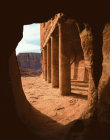 Urn tomb, one of Royal Nabataean tombs, Ist century AD, carved in face of Jabal al-Khubtha mountain, view through entrance to colonnaded court, Petra, Jordan