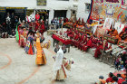 Dancers in traditional dress, and horn blowers, Tiji Festival, Lomanthang, Upper Mustang, Nepal