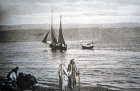 Dead Sea with sailing ship and Arabs on the shore line, circa 1906,  Palestine