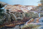 View south down Kidron Valley to village of Silwan, painted by by John Fulleylove, circa 1908, Jerusalem, at that time Palestine, now Israel