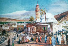Mosque with Sea of Galilee beyond, painted by John Fulleylove, circa 1908, Tiberias, Palestine