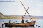 Fishing boat on Sea of Galilee, circa 1920, old postcard, Tiberias, Galilee, Palestine