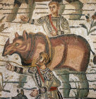 Rhinoceros being captured for Roman games,  third to fourth century Roman floor mosaic in imperial  villa at Piazza Armerina, Sicily