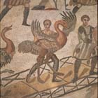 Loading an ostrich for shipment to Roman circus, 3rd to 4th century mosaic in imperial villa, Piazza Armerina, Sicily
