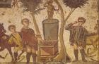 Hunter lights sacrificial fire beneath image of Artemis, 3rd - 4th century Roman mosaic, Piazza Armerina, Sicily, Italy