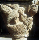 Carving on capital in twelfth century cloister, Monastery of San Juan de la Pena, near Jaca, Spain
