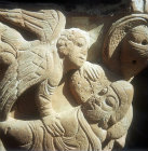 Carving on capital in cloister, Monastery of San Juan de la Pena, near Jaca, Spain