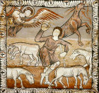 Switzerland, Zillis, St Martins Church, the angels annunciation to the shepherds, 12th century Romanesque painting on the church ceiling