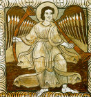 Switzerland, Zillis, St Martins Church, an angel of the Apocalypse as the North Wind, 12th century painting on the church ceiling