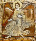 Switzerland, Zillis, St Martins Church, an angel of the Apocalypse as the South Wind, 12th century painting on the church ceiling