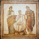 Virgil writing the Aeneid with two Muses Melpomene (tragedy) and Clio (history) a mosaic from Sousse now in the Bardo Museum Tunis