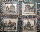 Dice players, flasks, fowl strung up, cock and hen, Bardo Museum, Tunis, Tunisia