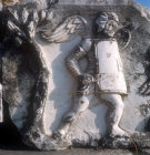Winged warrior, relief at  fourth century theatre, Miletus, Turkey