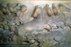 Detail of men, horses and lion, Lycian sarcophagus, 4th century BC, from royal necropolis, Sidon, Archaeological Museum, Istanbul, Turkey