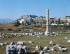 Turkey Ephesus the remains of the Temple of Artemis and behind is the Isa Bey mosque and the citadel