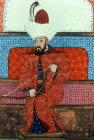 Sultan Orhan presenting a bow to the Egyptian Ambassador, detail from page 72A of sixteenth century manuscript H 1563, Topkapi Palace Museum, Istanbul, Turkey