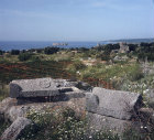 Christian sarcophagi from fourth and fifth centuries AD, behind, castle on Island at Korykos built by Armenian King of Rubenian dynasty, twelfth century AD, Turkey