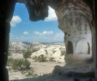 Ninnazan-el Nazar Kilise (church) dating from tenth century, and view outside cones, Cappadocia, Turkey