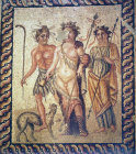 Dionysus with attendant maenad and satyr, second century mosaic from Antioch, Archaelogical Museum, Antioch, Turkey